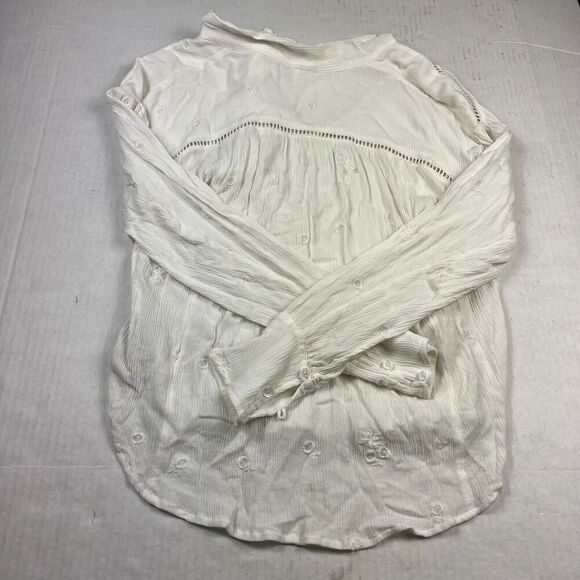 Free People Tie Neck Blouse Ivory V-Neck Embroidered Loose Fit Shirt SMALL FLAW - Picture 9 of 11